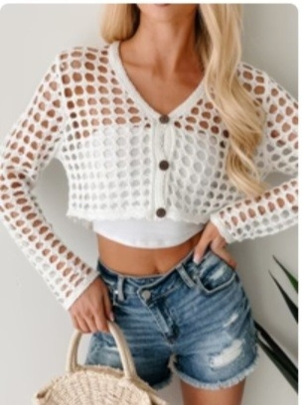Love Tree White Open-Knit Cropped Button Cardigan